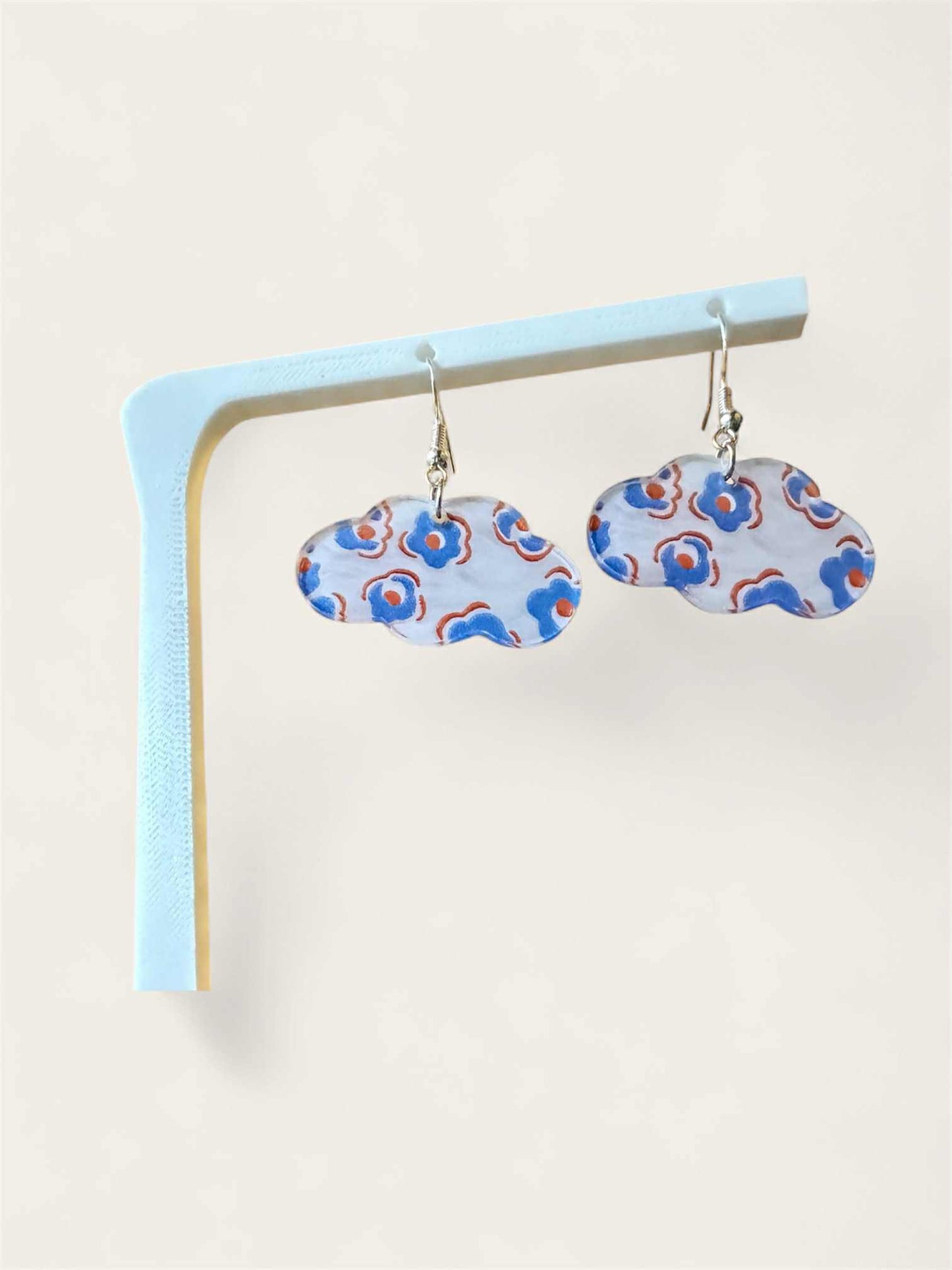 Patterned Cloud Earrings | Blue Floral Design | Lightweight Hypoallergenic Dangles