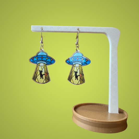 Stained Glass Style UFO Cat Earrings