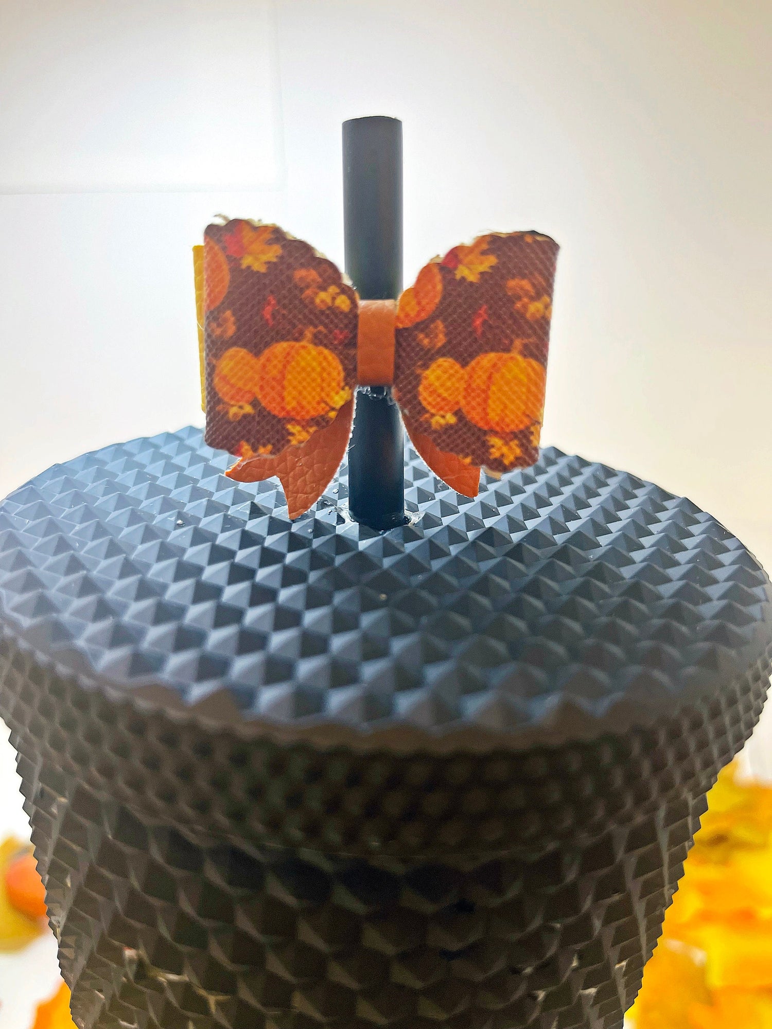 Pumpkin Thanksgiving Fall Straw Topper, Faux Leather Bow, Mini Bow